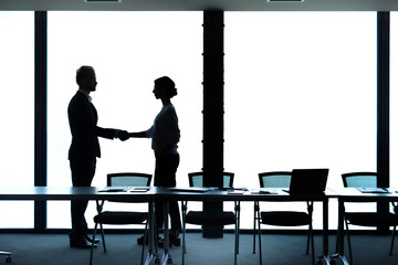 Fototapete - Business handshake of businessman and businesswoman. Concept of teamwork and partnership