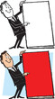 A vintage retro cartoon of a man holding a giant blank book and pointing at it. 