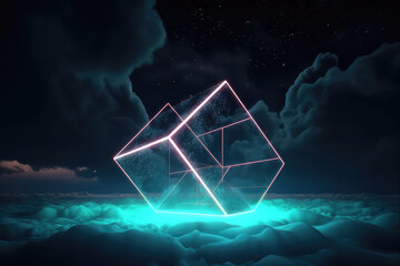 neon glowing cube lines and fluffy twilight clouds on a dark background. creative concept of cloud s