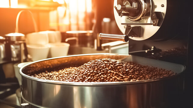 Freshly roasted aromatic coffee beans over a modern coffee roasting machine.