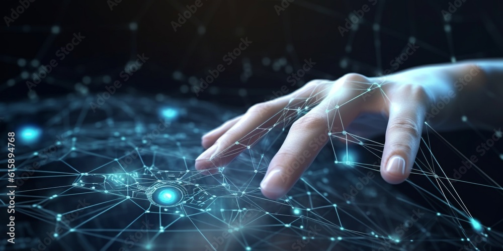 AI, Machine learning, Hands of robot and human touching on big data ...