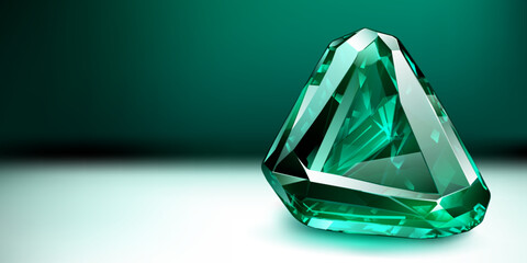 Poster - A big precious green crystal like an emerald with highlights and shadow on a color background. Faceted gemstone