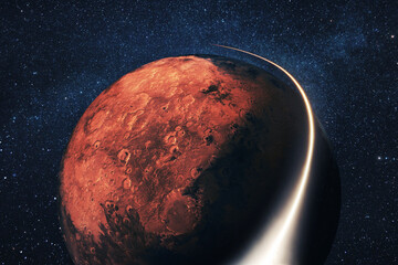Fototapete - Space shuttle rocket flies with blasts and a light line around the red planet Mars with stars. Travel in space, concept. Space satellite flies near the Mars. Starry space