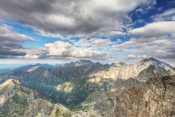 Canvas Print - View on high Tatra Mountains from Rysy mountain with dramatic cloudy sky