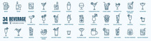 Alcoholic Cocktails Icons Set. Simple Outline Cocktails Icons Isolated On White Background. Set Includes Beer, Mojito, Whiskey. Icons Set For Restaurant, Pub, Bar. Vector Illustration