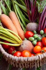 Fresh produce from a vegetable garden gathered in a rustic wicker basket - carrots, beetroot, beans, cucamelons and red tomatoes