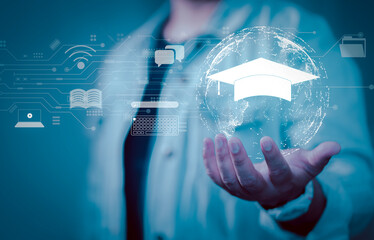 Fototapete - Concept of Online education. man use Online education training and e-learning webinar on internet for personal development and professional qualifications. Digital courses to develop new skills..