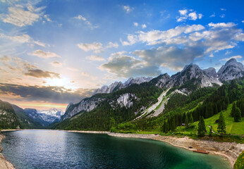 Poster - Beautiful summer Alpine lake Gosausee sunset view (Austria). Two shots stitch panorama.