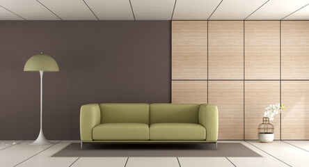 Wall Mural - Contemporary living room with green sofa,brown wall and wooden paneling - 3d rendering