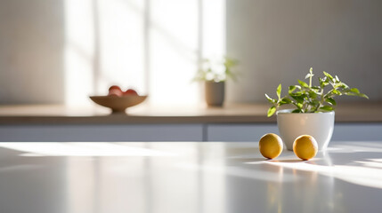 Empty wooden tabletop, counter, desk background over blur perspective kitchen background, wood table worktop for product placement, blurred kitchen, product display mockup,Generative AI