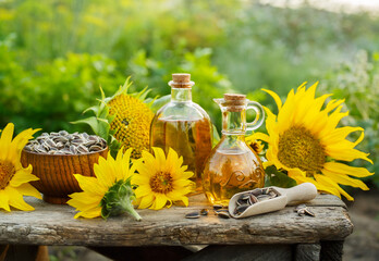 Wall Mural - Natural Homemade sunflower oil with flowers and seeds on old table. Outdoors