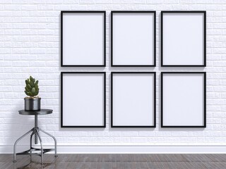 Wall Mural - Mock up photo frame with plant, stool, floor and wall. 3D render illustration