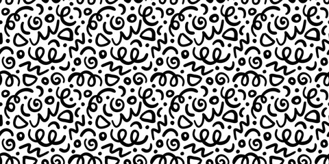 Fun black line doodle seamless pattern. Creative minimalist style art background for children or trendy design with basic shapes. Simple childish scribble backdrop.