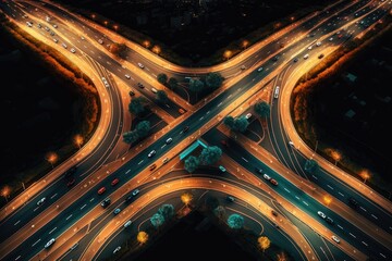 Canvas Print - Aerial view of a highway at night with cars moving fast