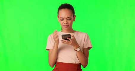 Aufkleber - Woman on green screen, smartphone and tech glitch, app error and confused isolated on studio background. Female person using phone, chat and typing with system fail, internet 404 and mockup space