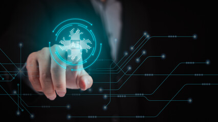 Poster - Businessman hand pointing finger to virtual screen to press AI button on virtual screen. AI content generation technology, machine learning, deep learning concept.