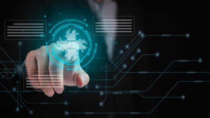 Poster - Businessman hand pointing finger to virtual screen to press AI button on virtual screen. AI content generation technology, machine learning, deep learning concept.