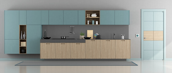 Wall Mural - Clear blue and gray minimalist modern kitchen - 3d rendering