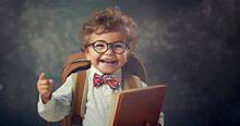 Smiling Little Boy With Glasses Stands Near The Blackboard. Elementary School Child With Book And Bag. Back To School. Generative Ai Content