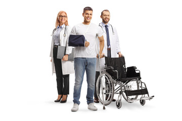 Sticker - Young man with arm and leg injury standing with a team of doctors