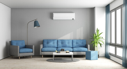 Wall Mural - Blue and gray modern living room with sofa,armchair and air conditioner - 3d rendering