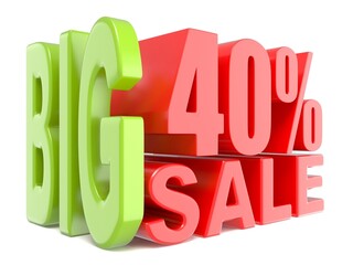 Sticker - Big sale and percent 40% 3D words sign. 3D render illustration isolated on white background