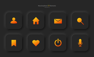Poster - Set of buttons for user interface design in black with yellow elements. Collection of icons for mobile devices in the style of neumorphism, UI, UX. Vector illustration.