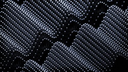 Poster - Abstract waving technological clouds of particles. Design. Falling down tiny spheres on a black background.