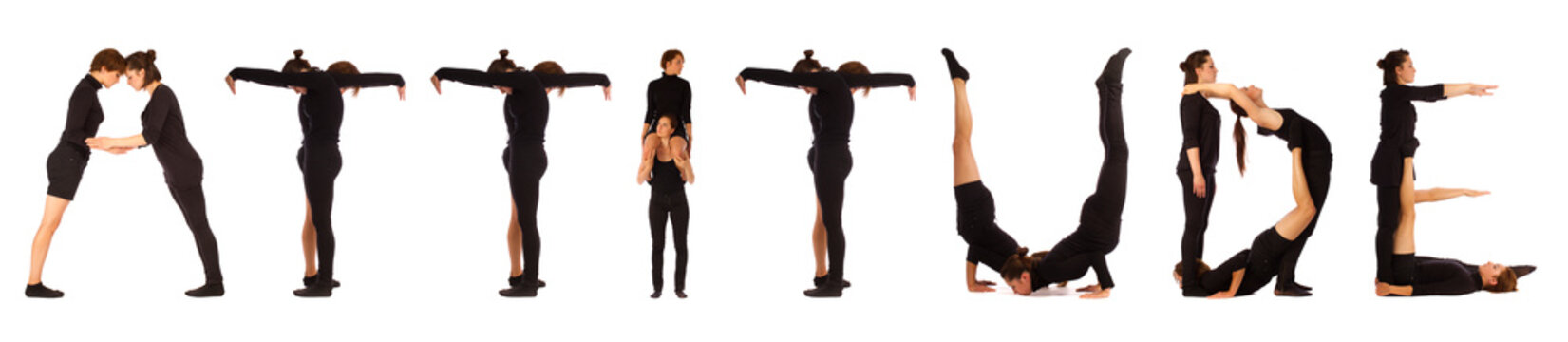 Black dressed people forming word ATTITUDE on white background