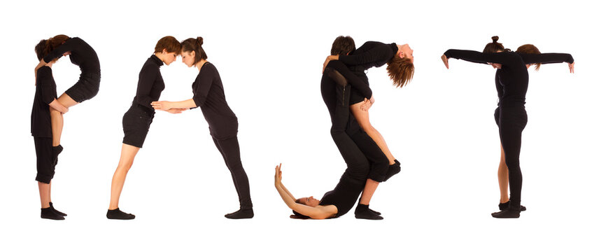 Black dressed people forming word PAST on white background