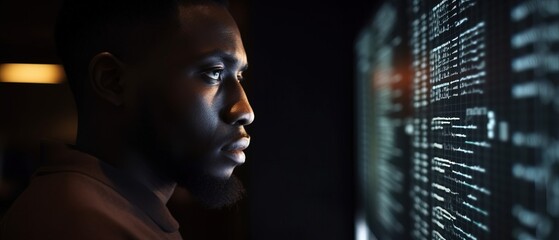 Wall Mural - African American man programmer looking at lines of code on a screen. Generative ai