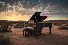 Vintage Grand Piano At Dusk In Desert. Sand And Sky. Generative AI
