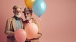 © ArtCraft - A mature LGBT gay married couple of pensioners who are happy in love. Pastel colors. Love that lasts forever. Gays holding a heart shaped balloon. Space for text. Generative AI