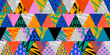 Colorful Triangle Seamless Pattern With Collage Art Texture. Modern Contemporary Art Background, Triangles Geometric Shape Hand Drawn Print, Maximalist Patchwork Paint Wallpaper.