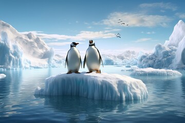 penguins stand on melting ice in Arctic Ocean at daytime, global warming concept, world global planet climate change. Two cute emperor penguins confused by ice melting. Generative AI