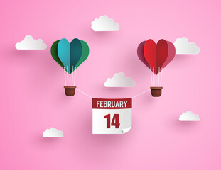 Wall Mural - Illustration of love and valentine day,Origami made hot air balloon in a heart shape with massege 14 february floating on the sky.paper art and craft style.