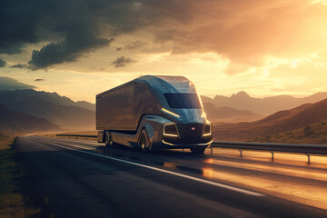 Self-driving truck on the road. Generative AI.