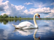 White Swan In The Foggy Lake At The Dawn. Morning Lights. Romantic Background. Beautiful Swan. Cygnus. Romance Of White Swan With Clear Beautiful Landscape. Created With Generative AI Technology.