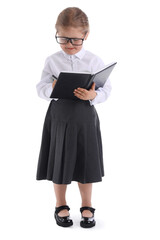 Poster - Funny little businesswoman writing in notebook on white background