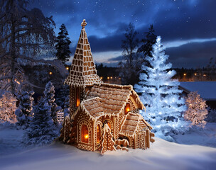 Canvas Print - Gingerbread church with lit Christmas tree on Xmas night