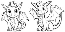 Cute Baby Dragon, Simple Thick Lines Kids Or Preschool Children Cartoon Coloring Book Pages. Vectorized Clean Drawing Illustration. Generative AI