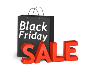 Poster - Black bag with the white words Black Friday and 3d red text sale . 3D render illustration