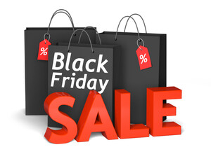 Poster - Black shopping bags with the white words Black Friday and 3d red text sale . 3D render illustration