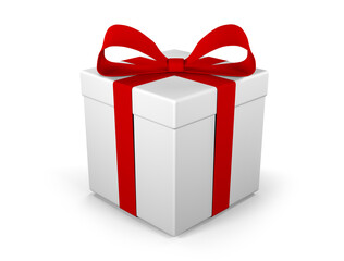 Sticker - Gift box as a present with red ribbon bow isolated on white background. 3D render illustration.