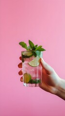 Poster - A beautiful hand holding Mojito cocktail on modern pink pastel background with hard shadows, sunlight, summer concept. Close-up. Generative Ai content