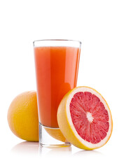 Wall Mural - Glass of fresh grapefruit juice with fruit on white background