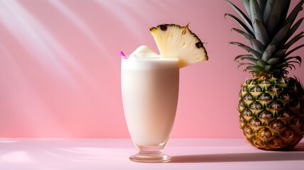 Wall Mural -  Glass with tasty Pina Colada cocktail on a pink modern background, with copy space, sunlight, tropical shadows, AI generated.