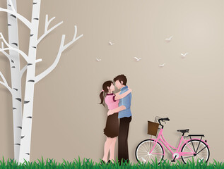 Wall Mural - Illustration of love and valentine's Day with couple standing hugging on a grass field with pink bicycle ,paper art style.