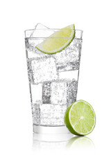 Wall Mural - Glass of sparkling water soda drink lemonade with ice and lime slice on white background