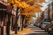 Beautiful City Street With Cars, Houses And Yellow Leaves On Trees In Autumn Season